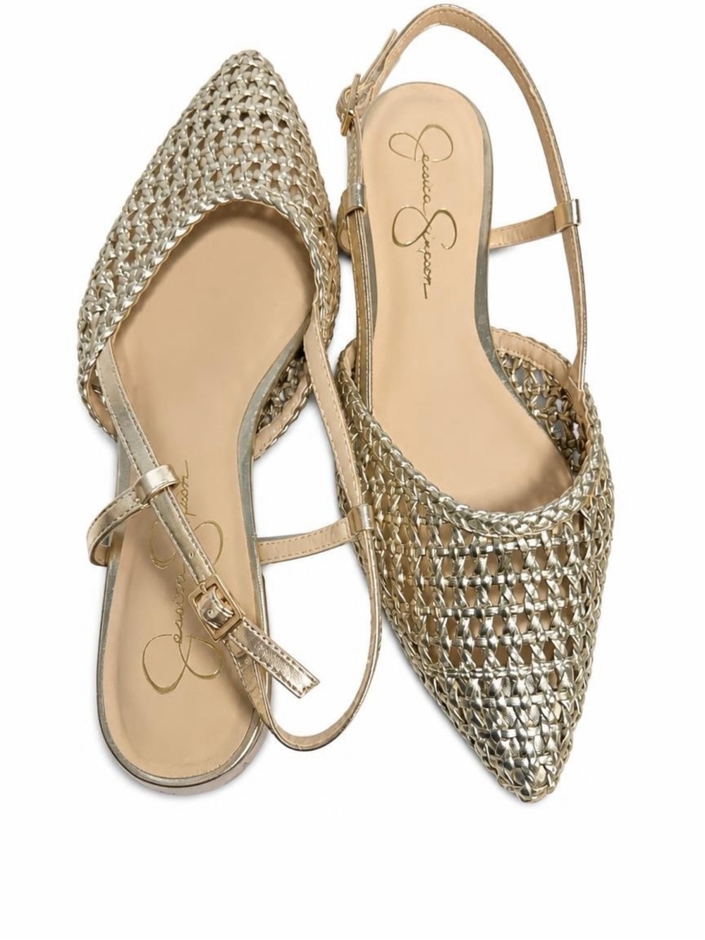Jessica Simpson Metallic Gold Woven Pointed Slingback Flats